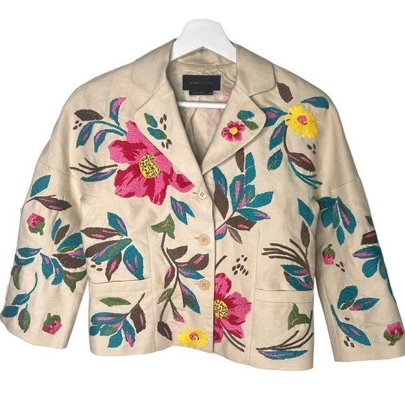 BCBGMaxAzria Embroidered Floral 3/4 Sleeve Cropped Blazer Beige Multi Women's S - Picture 1 of 10